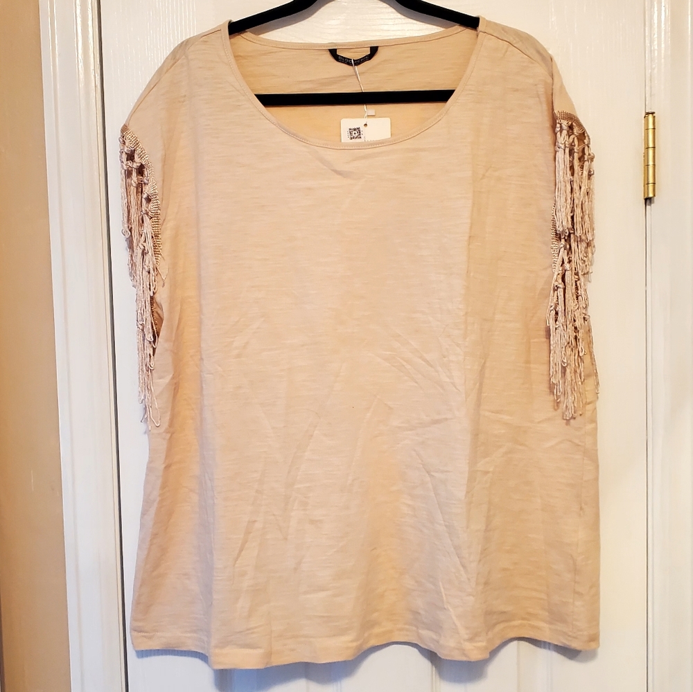 BLOOMCHIC Sz 2X Sleeveless Fringe Cream Cotton Top